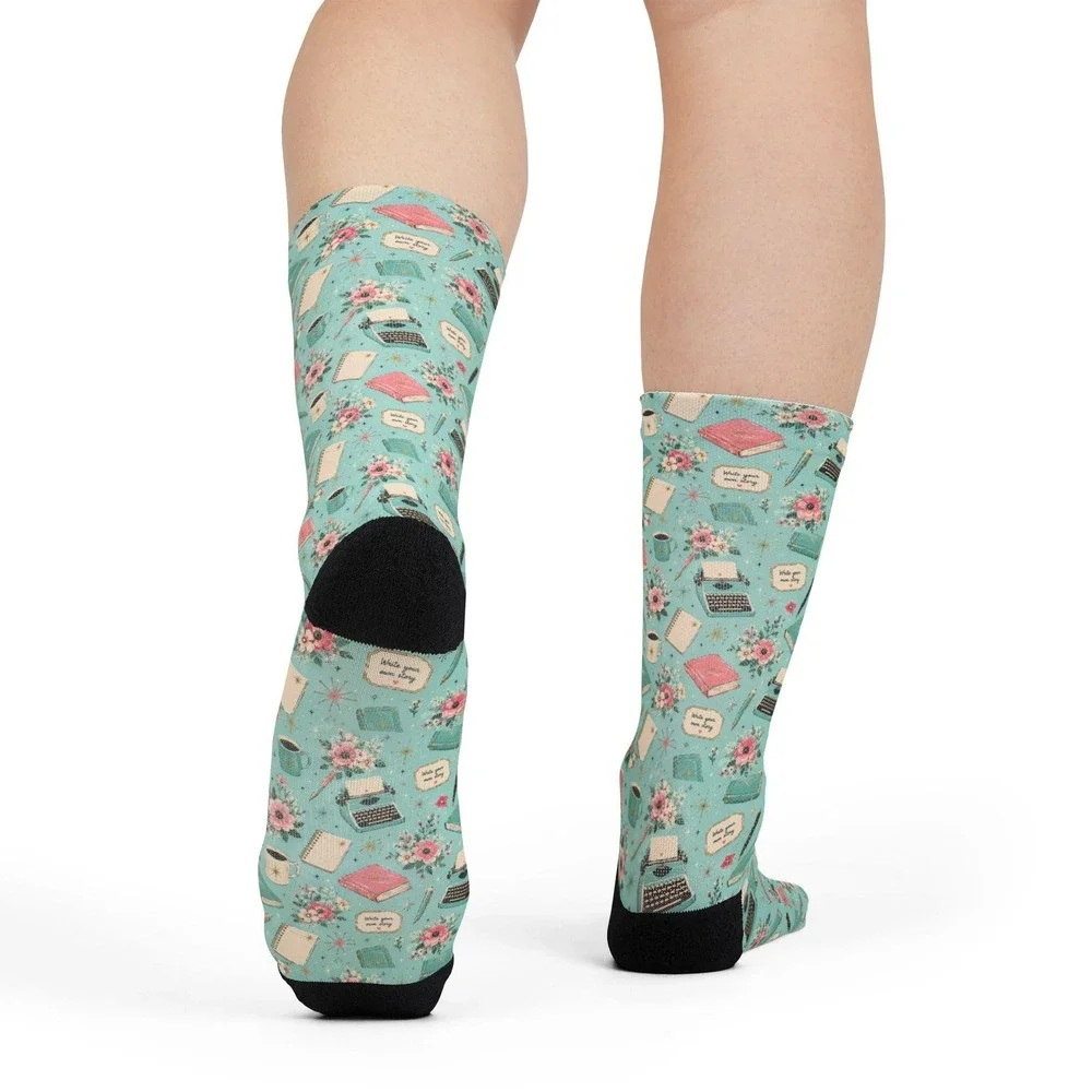Floral Typewriter Writer Crew Socks | Teacup Pattern, Mint‎ Floral Socks